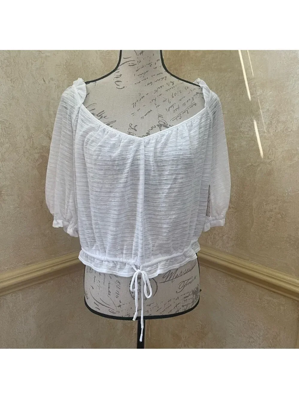Free People Dorothy Top Cotton blend white puff shirt sleeves drawstring hem L